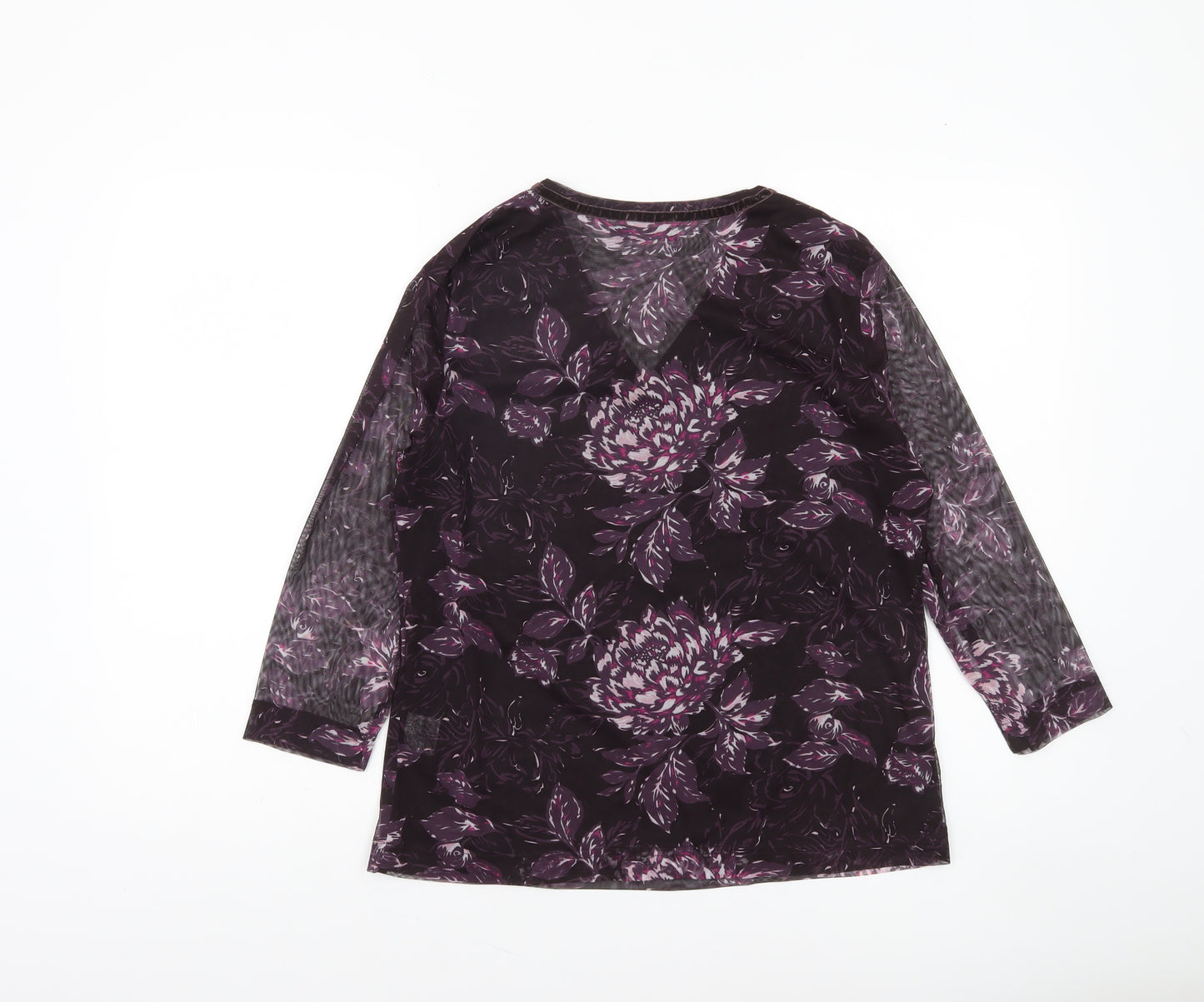 Dash Women's Purple Floral V-Neck Long Sleeve Mesh Top Size 14