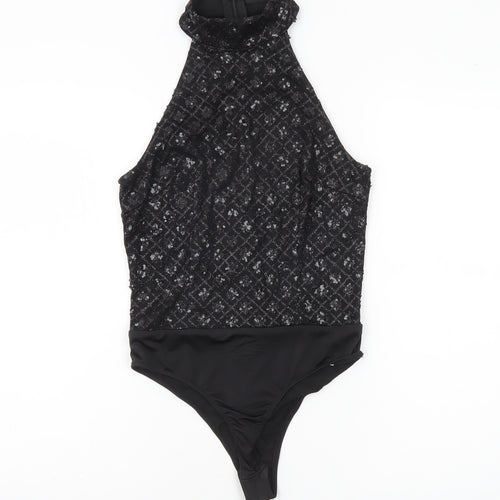 PrettyLittleThing Womens Black Sequin Halter Bodysuit UK 8