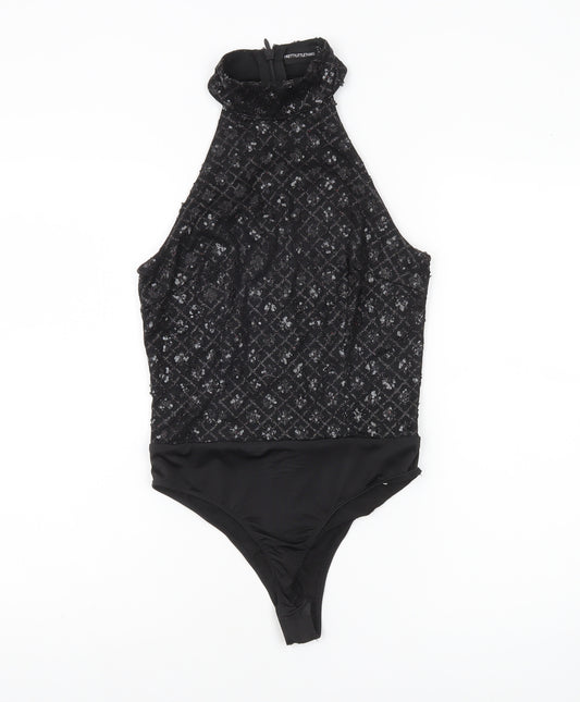 PrettyLittleThing Womens Black Sequin Halter Bodysuit UK 8