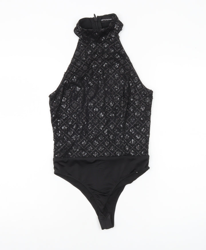 PrettyLittleThing Womens Black Sequin Halter Bodysuit UK 8