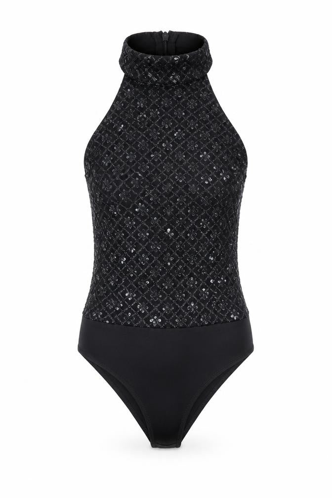 Front view of PRETTYLITTLETHING women’s black sequin halter bodysuit uk 8