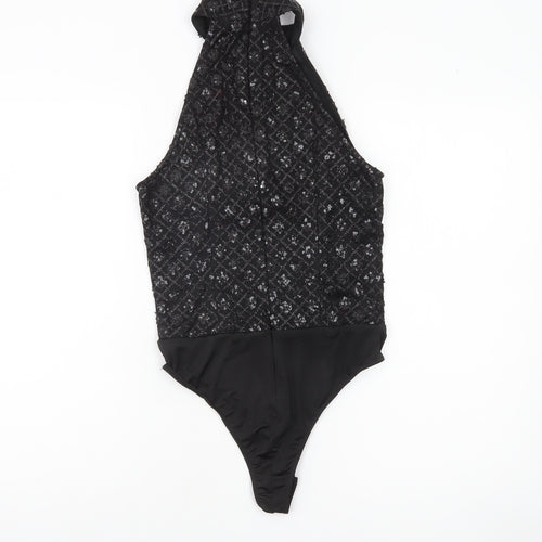 PrettyLittleThing Womens Black Sequin Halter Bodysuit UK 8