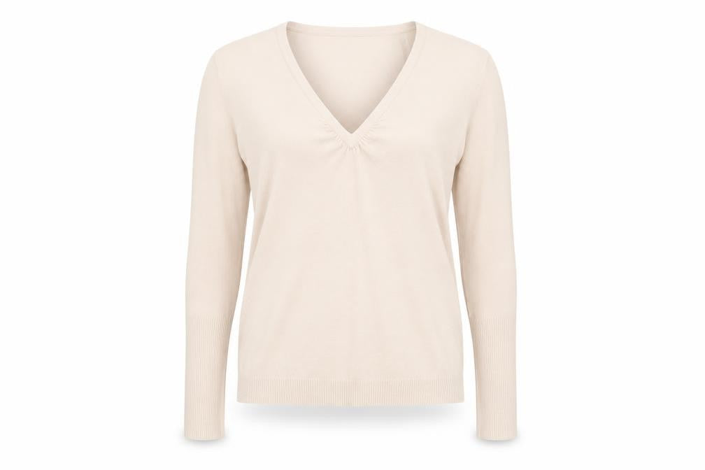 Front view of River Island women’s beige v-neck jumper, size UK 14