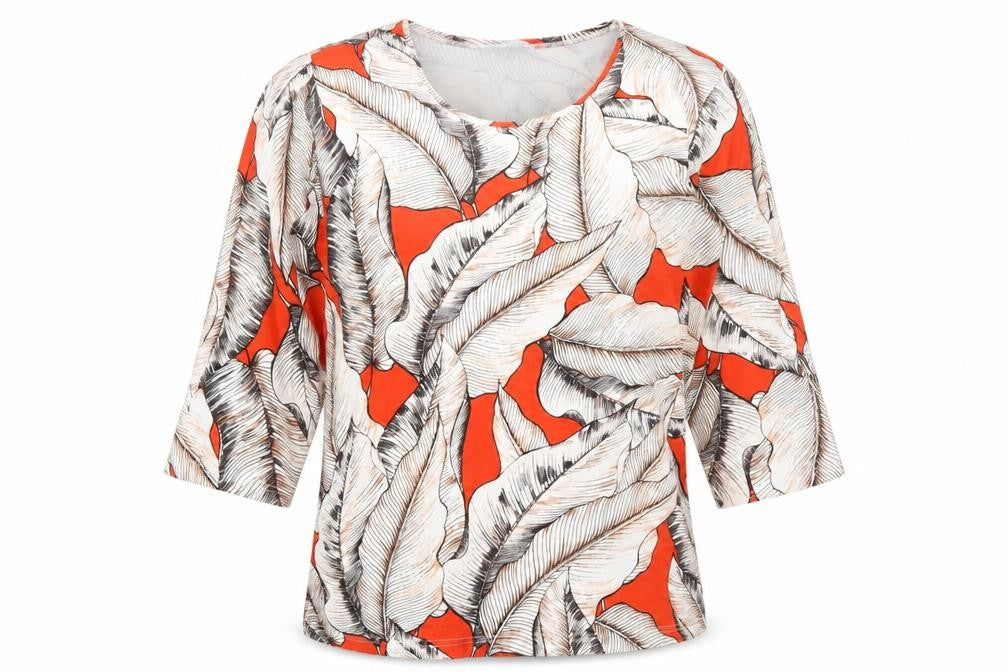 Front view of Tea Lane women’s orange leaf print 3/4 sleeve tunic blouse, size UK 10