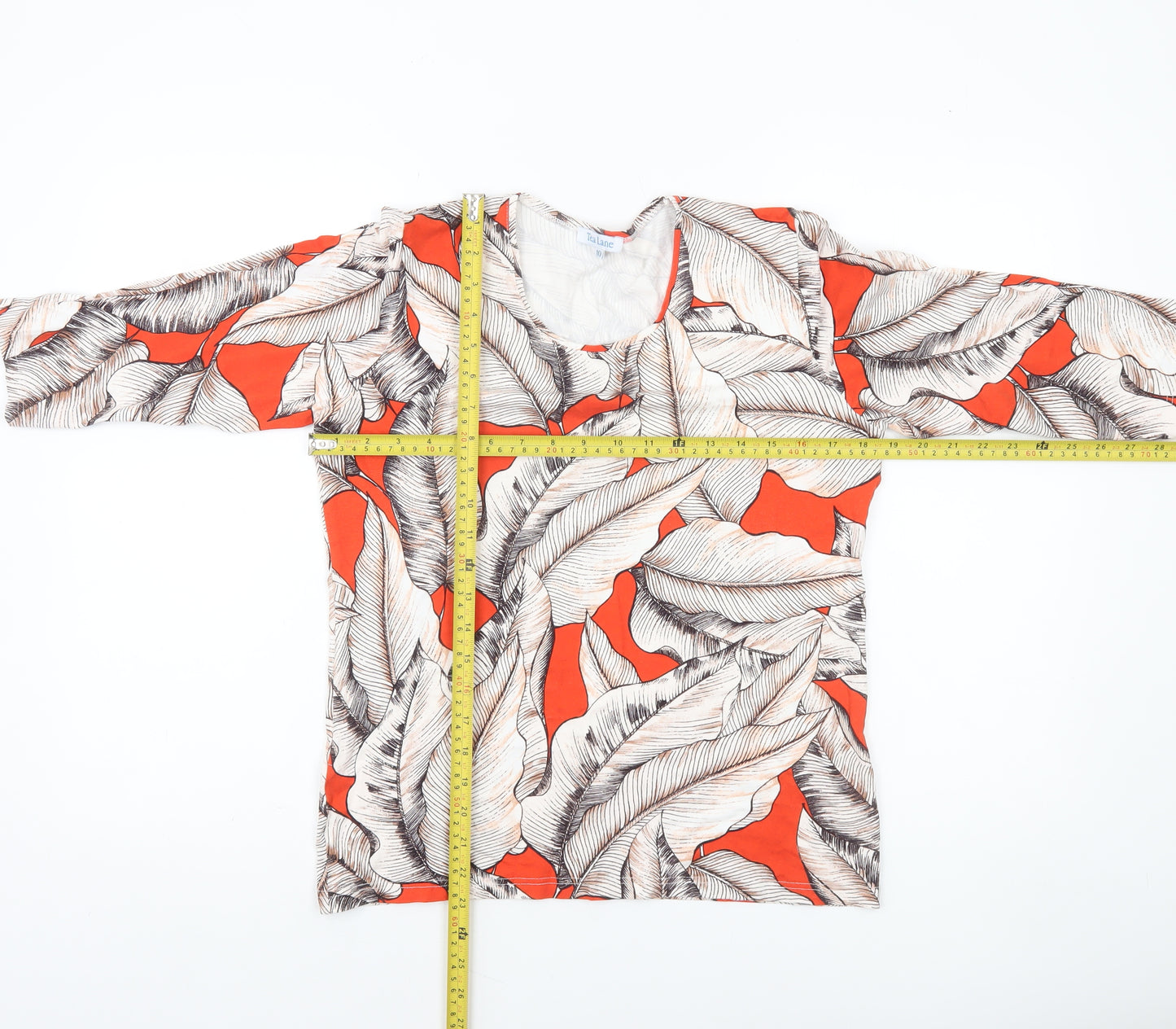 Tea Lane Womens Orange Leaf Print 3/4 Sleeve Tunic Blouse Size 10