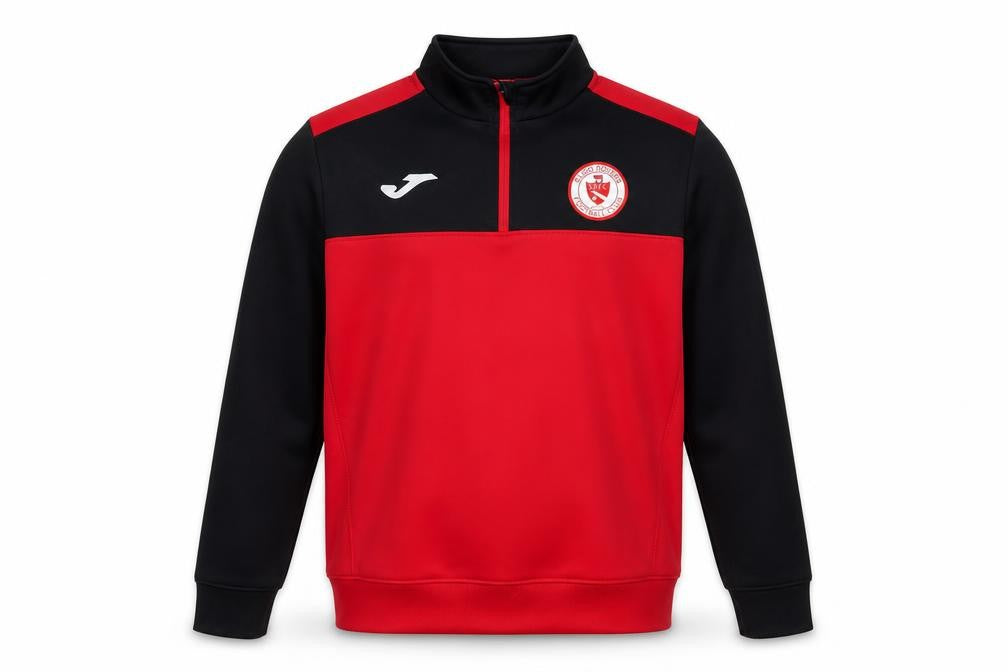Front view of Joma boys’ red black 1/4 zip training sweatshirt 14 years regular fit