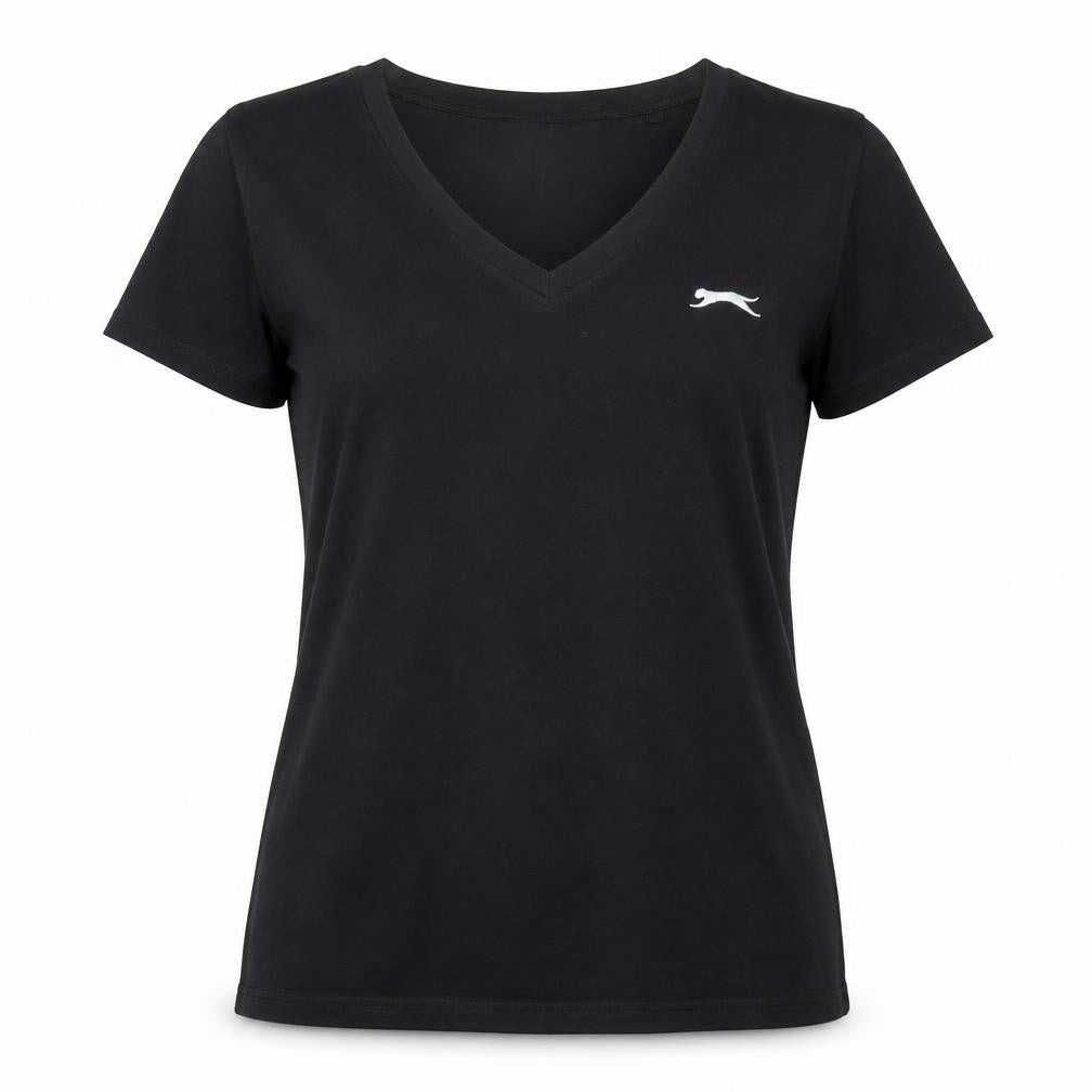 Front view of Slazenger Women’s Black V-Neck Short Sleeve Basic T-Shirt, size UK 10