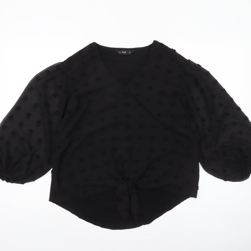 F&F Women’s Black Sheer Polka Dot Tie Front Tunic Blouse Size 8