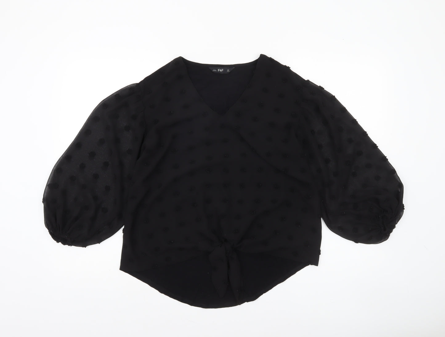 F&F Women’s Black Sheer Polka Dot Tie Front Tunic Blouse Size 8