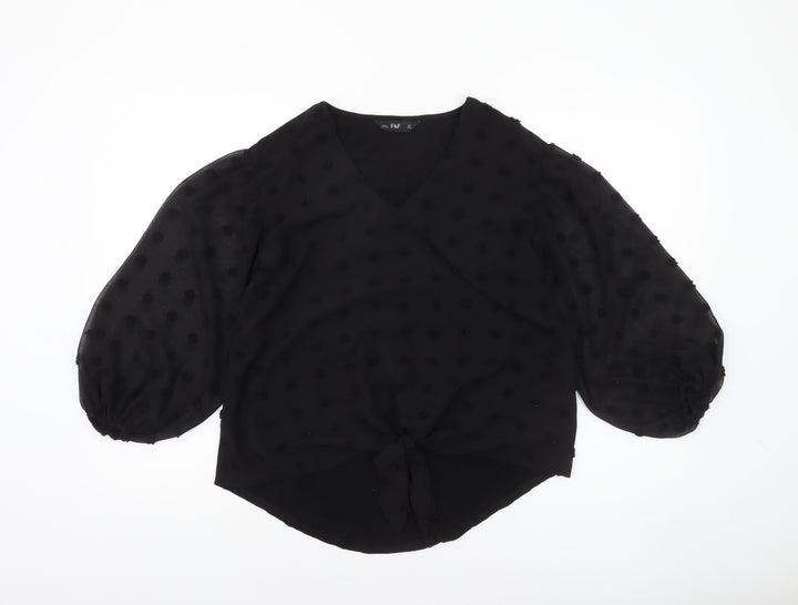 F&F Women’s Black Sheer Polka Dot Tie Front Tunic Blouse Size 8