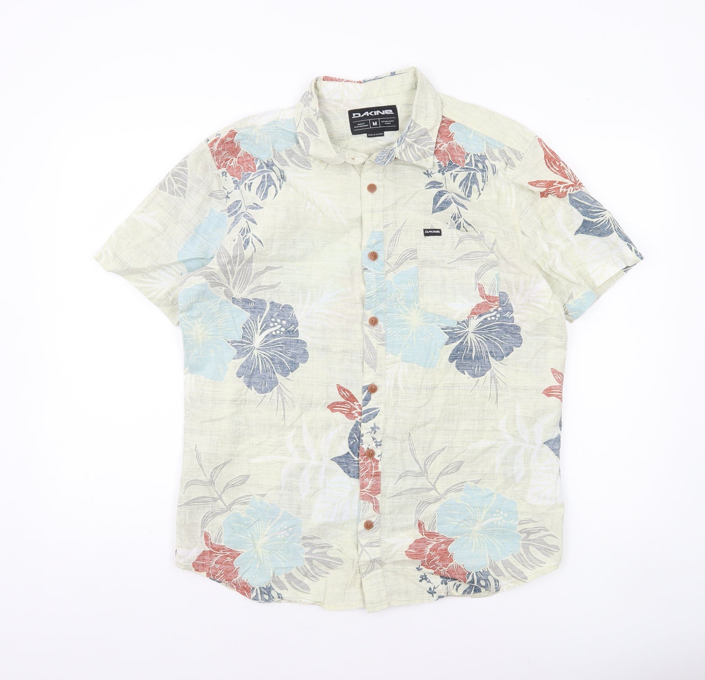 Dakine Men Beige Blue Floral Hawaiian Short Sleeve Button-Up Shirt M