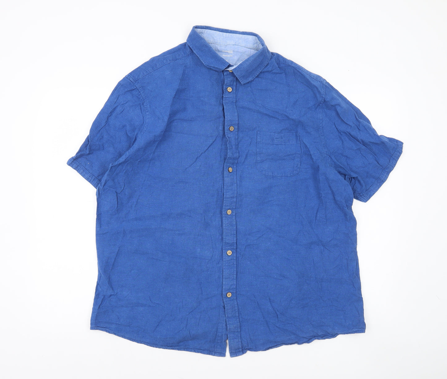 Dunnes Stores Men Blue Linen Blend Short Sleeve Button-Up Shirt XL Regular Fit
