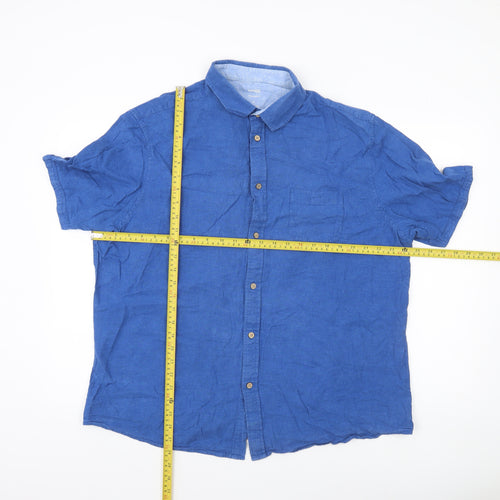 Dunnes Stores Men Blue Linen Blend Short Sleeve Button-Up Shirt XL Regular Fit
