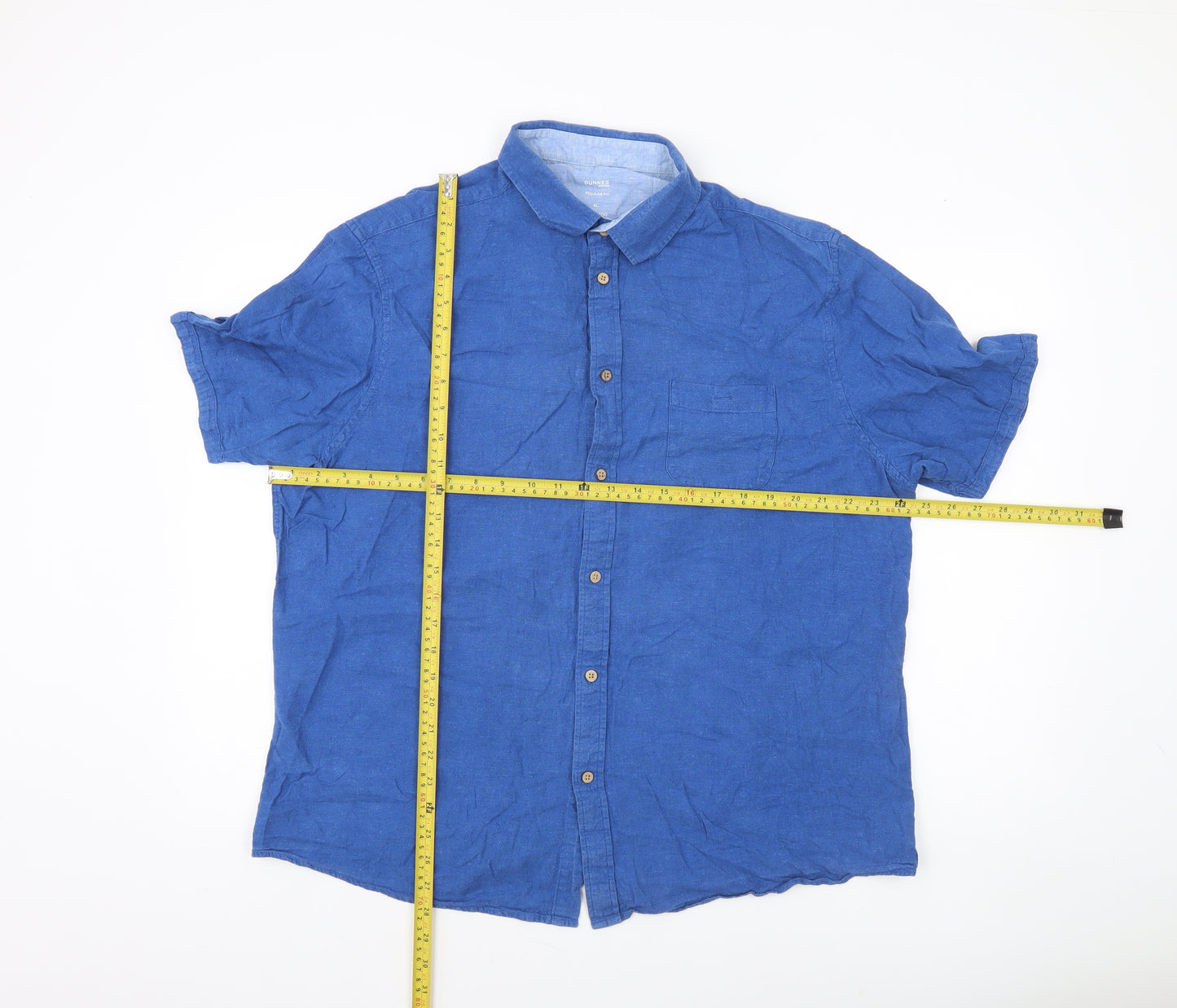Dunnes Stores Men Blue Linen Blend Short Sleeve Button-Up Shirt XL Regular Fit