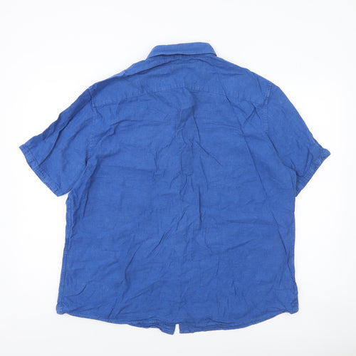 Dunnes Stores Men Blue Linen Blend Short Sleeve Button-Up Shirt XL Regular Fit