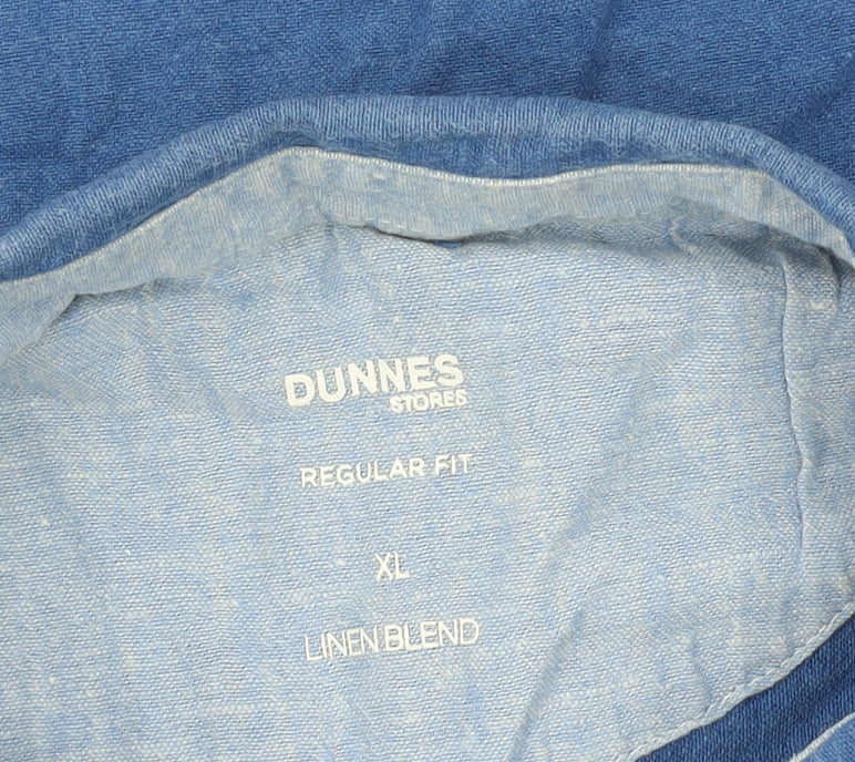 Dunnes Stores Men Blue Linen Blend Short Sleeve Button-Up Shirt XL Regular Fit