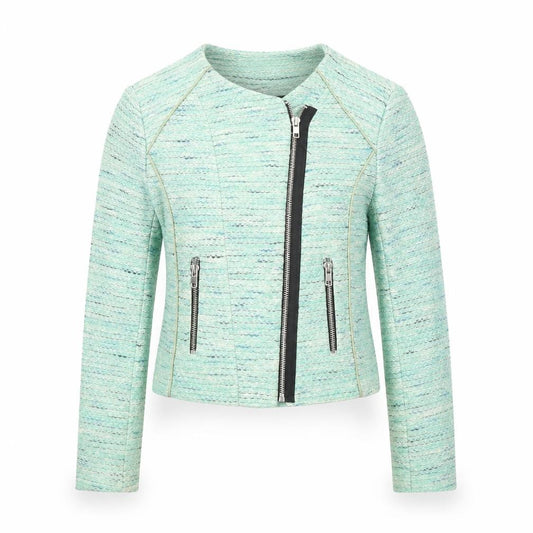 Front view of Topshop Women Green, size 8, Biker Style Tweed Short Jacket