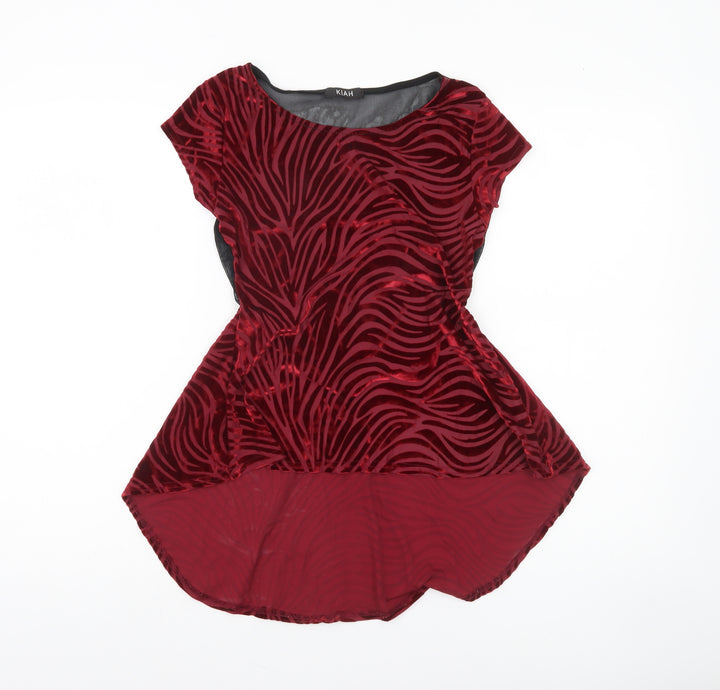 KIAH Women's Red Velvet Animal Print Tunic Blouse S Short Sleeve