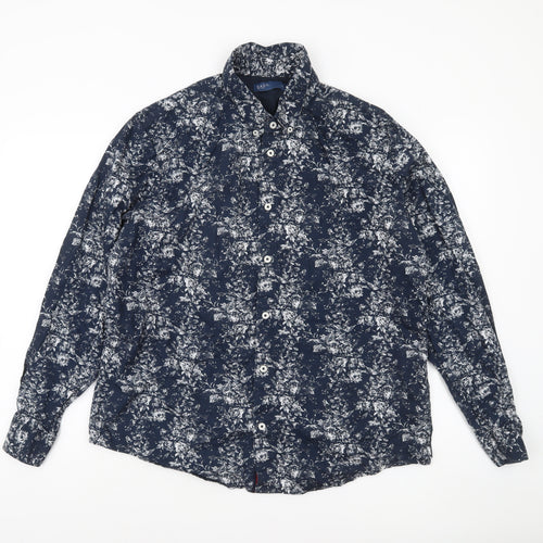 EASY Men's Blue Floral Long Sleeve Button-Up Shirt XL
