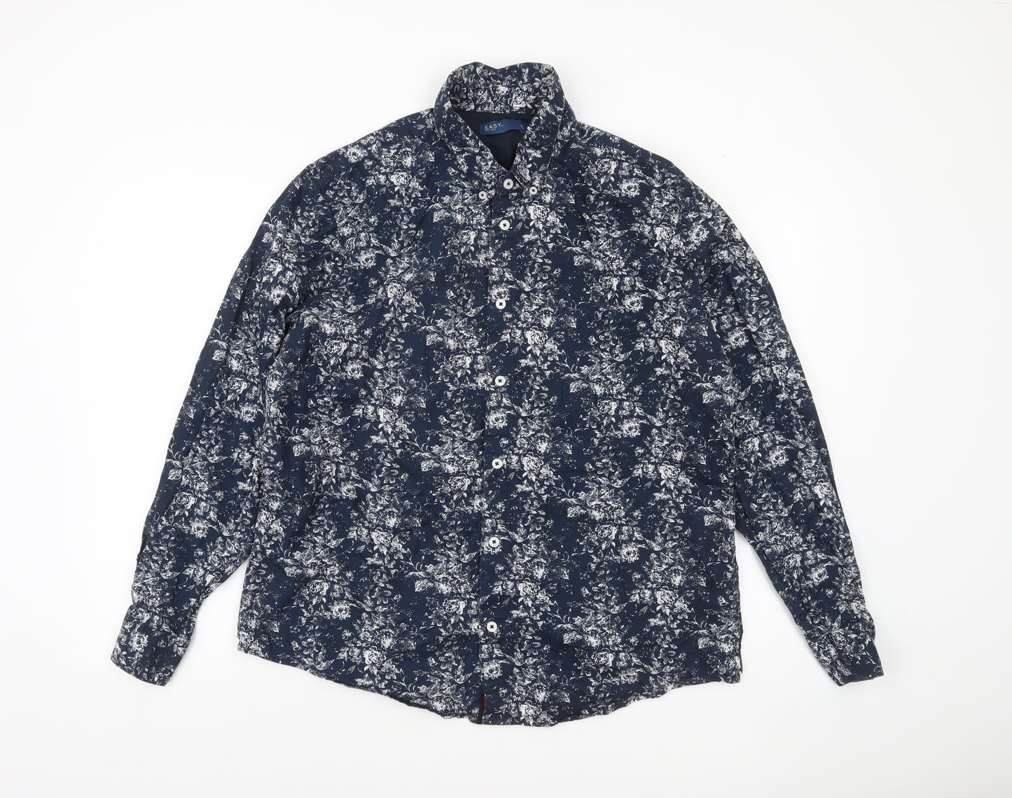 EASY Men's Blue Floral Long Sleeve Button-Up Shirt XL