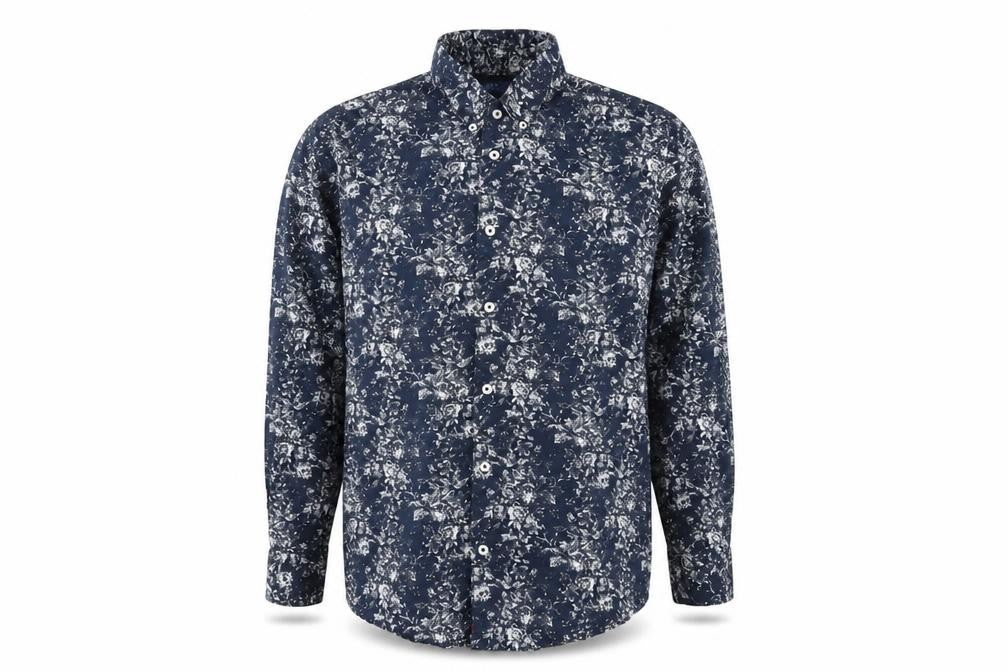 Front view of Easy Men's Blue Floral Long Sleeve Button-Up Shirt XL