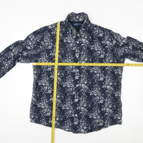 EASY Men's Blue Floral Long Sleeve Button-Up Shirt XL
