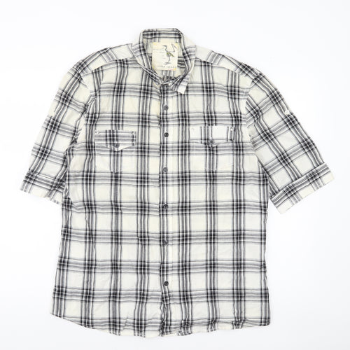 River Island Men's Black Check Button-Up Shirt 3/4 Sleeve Size L