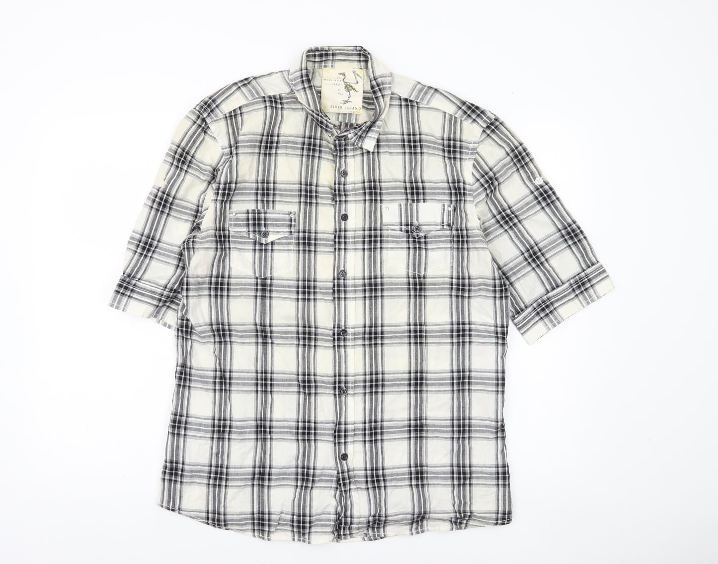 River Island Men's Black Check Button-Up Shirt 3/4 Sleeve Size L