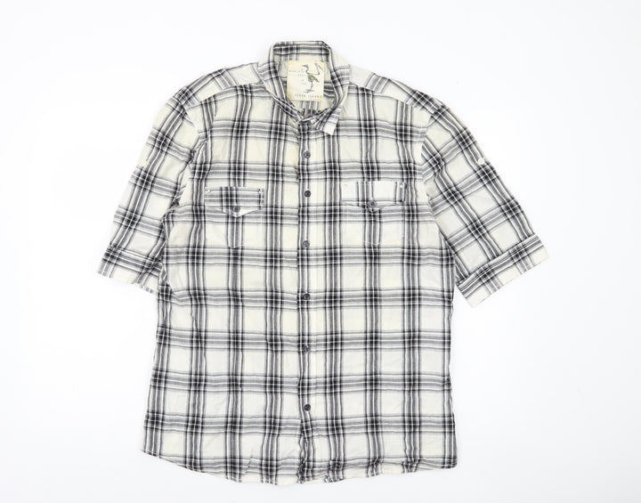River Island Men's Black Check Button-Up Shirt 3/4 Sleeve Size L