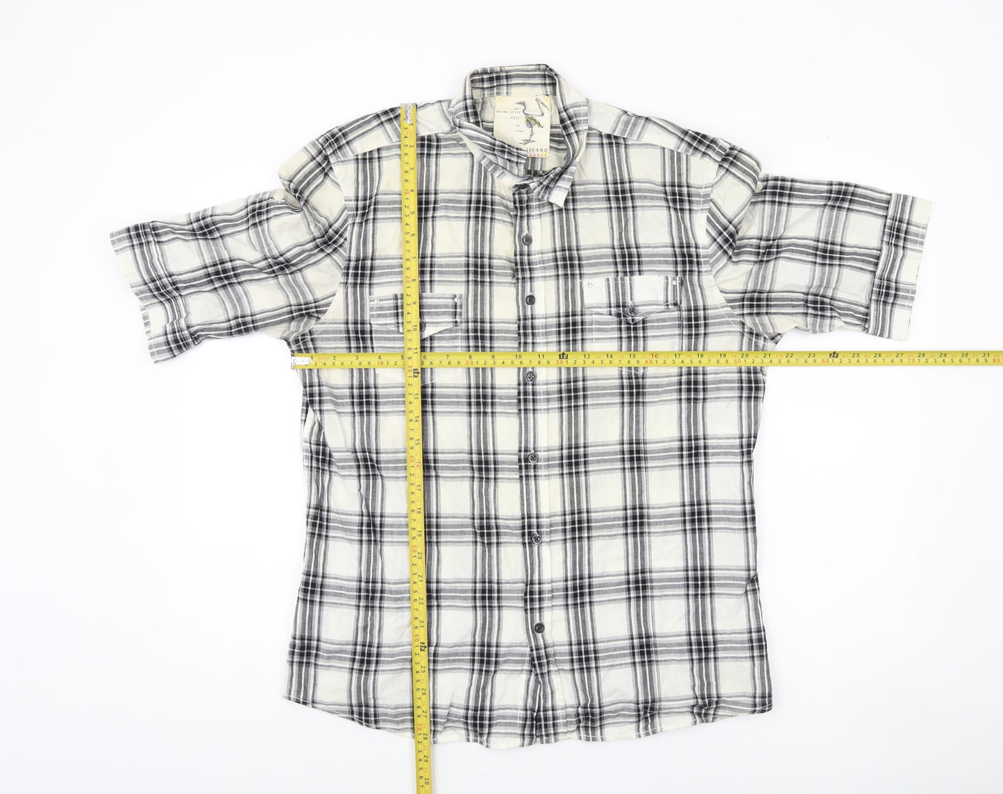 River Island Men's Black Check Button-Up Shirt 3/4 Sleeve Size L