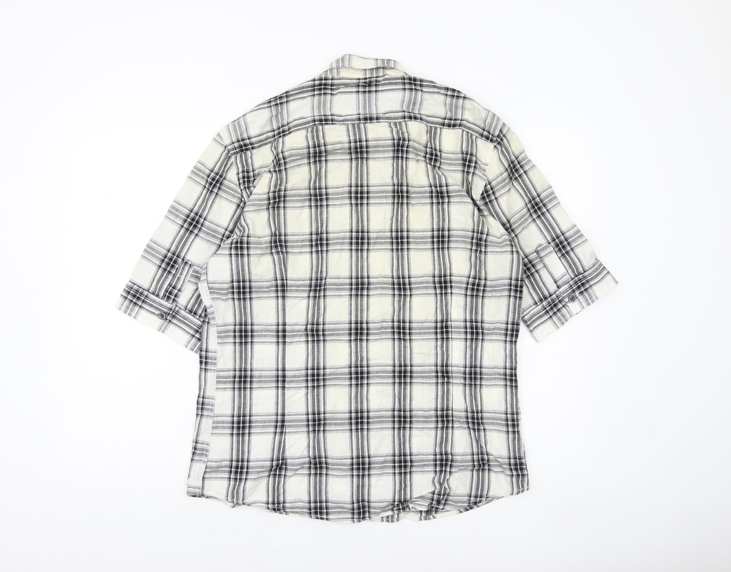 River Island Men's Black Check Button-Up Shirt 3/4 Sleeve Size L