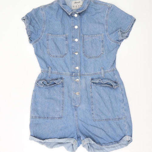 Denim Co Women Blue Denim Short Sleeve Playsuit Size 14 Collared Button Front