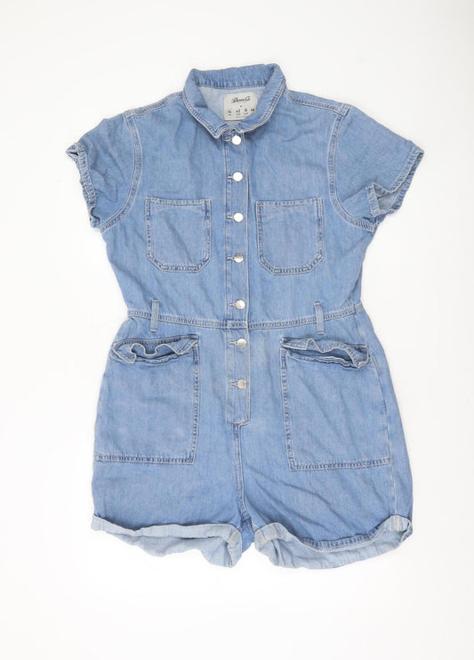 Denim Co Women Blue Denim Short Sleeve Playsuit Size 14 Collared Button Front