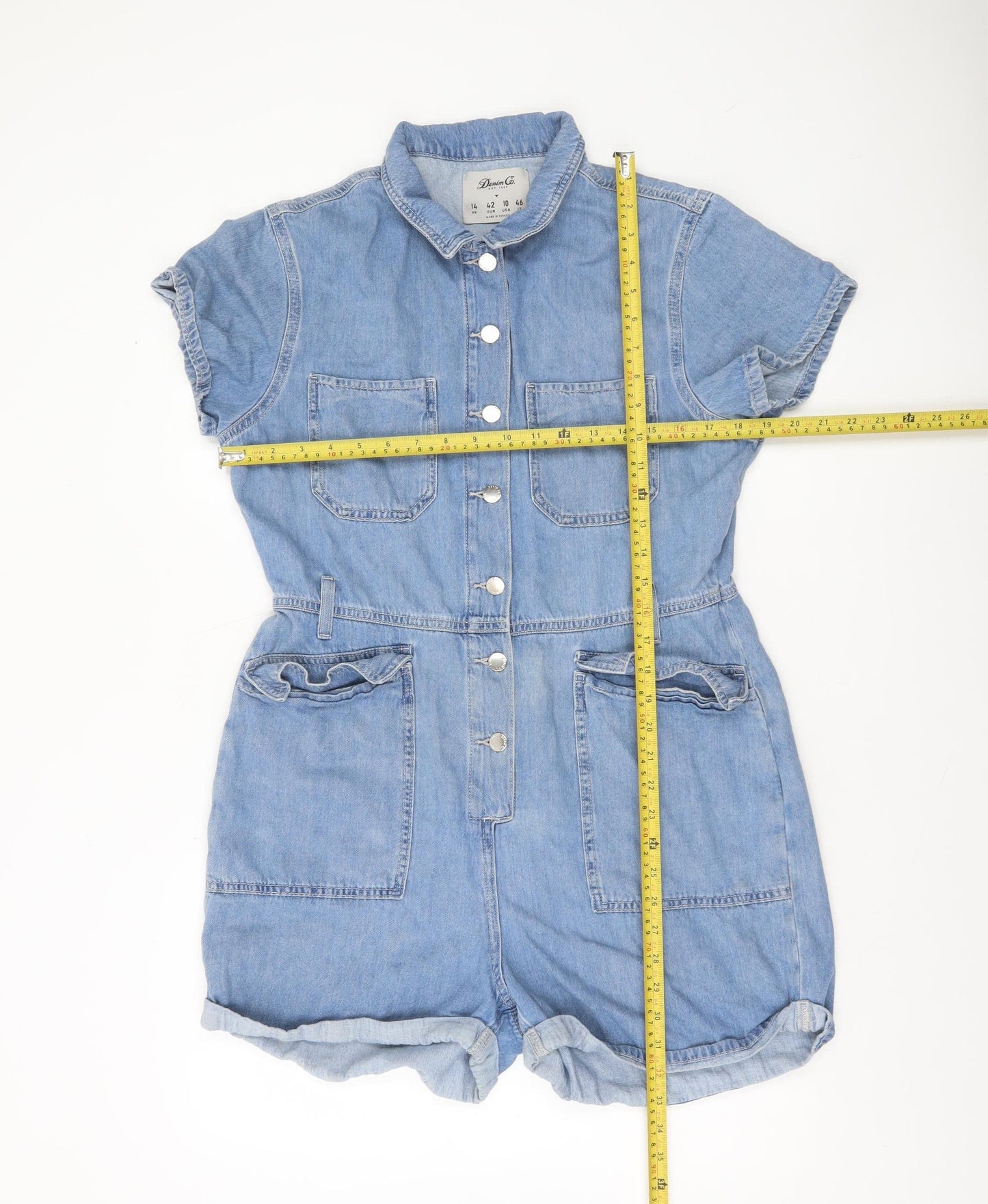 Denim Co Women Blue Denim Short Sleeve Playsuit Size 14 Collared Button Front