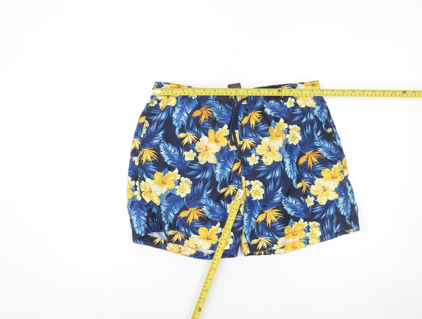 H&M Men's Blue Hawaiian Floral Swim Shorts M Quick Dry Lined