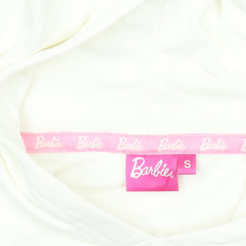 Barbie Women’s Ivory Pullover Hoodie Small – Logo Embroidered Cotton Blend