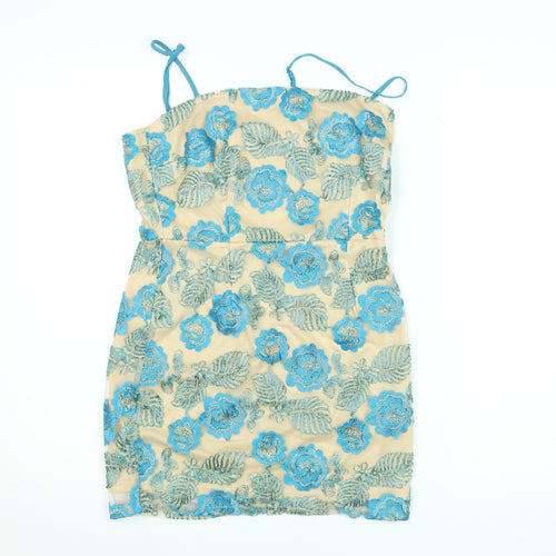 Boohoo Women’s Beige Blue Floral Embroidered Bodycon Dress Size 10