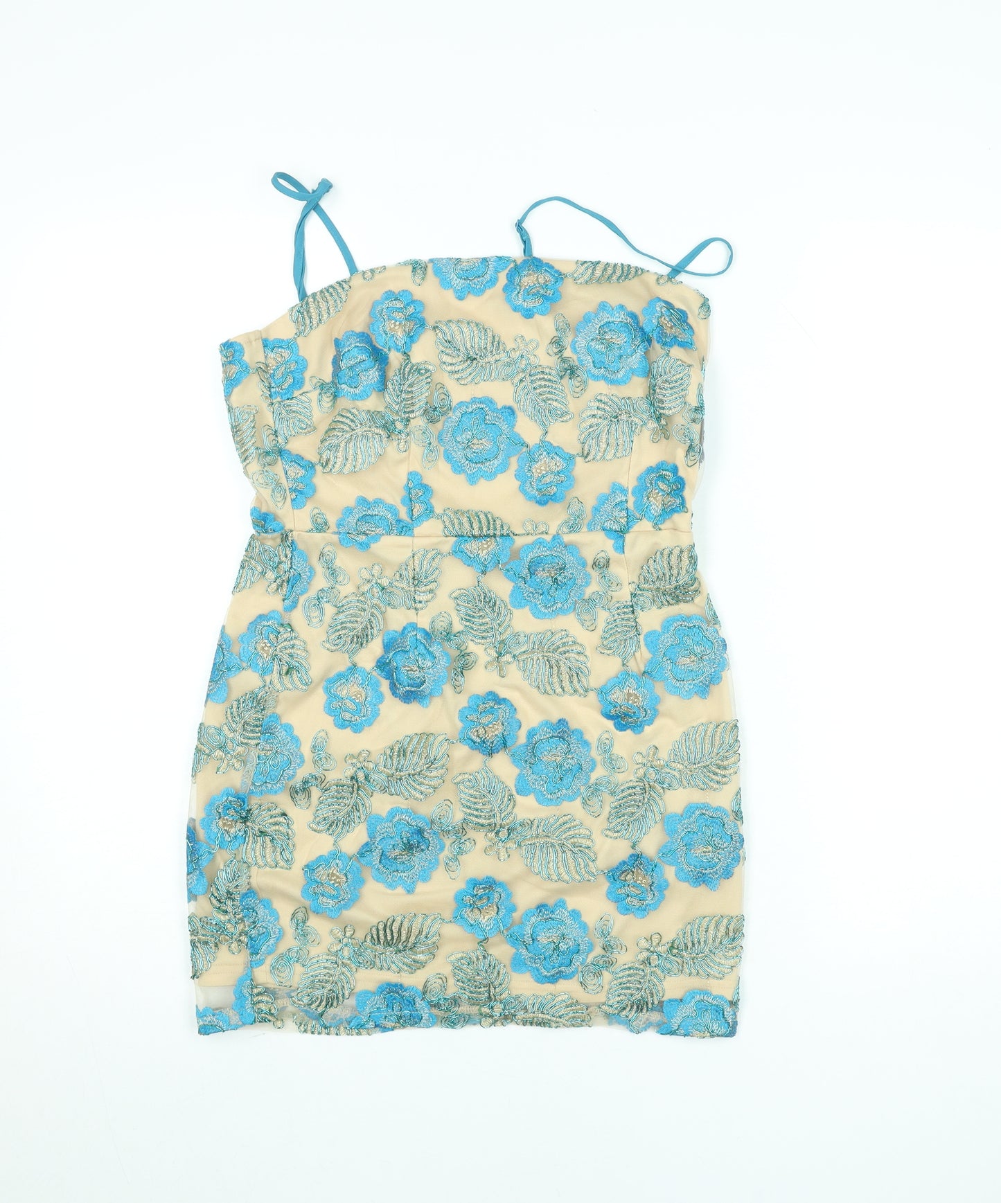 Boohoo Women’s Beige Blue Floral Embroidered Bodycon Dress Size 10