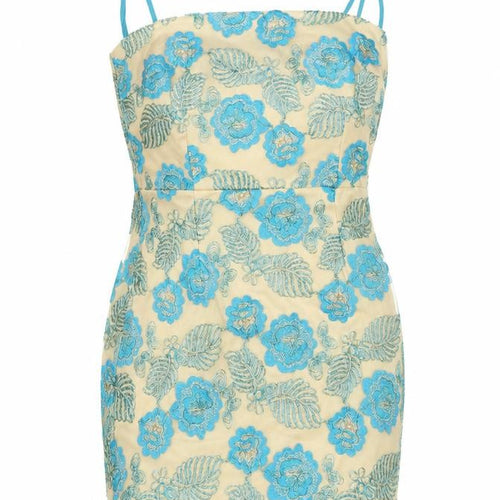 Boohoo Women’s Beige Blue Floral Embroidered Bodycon Dress Size 10