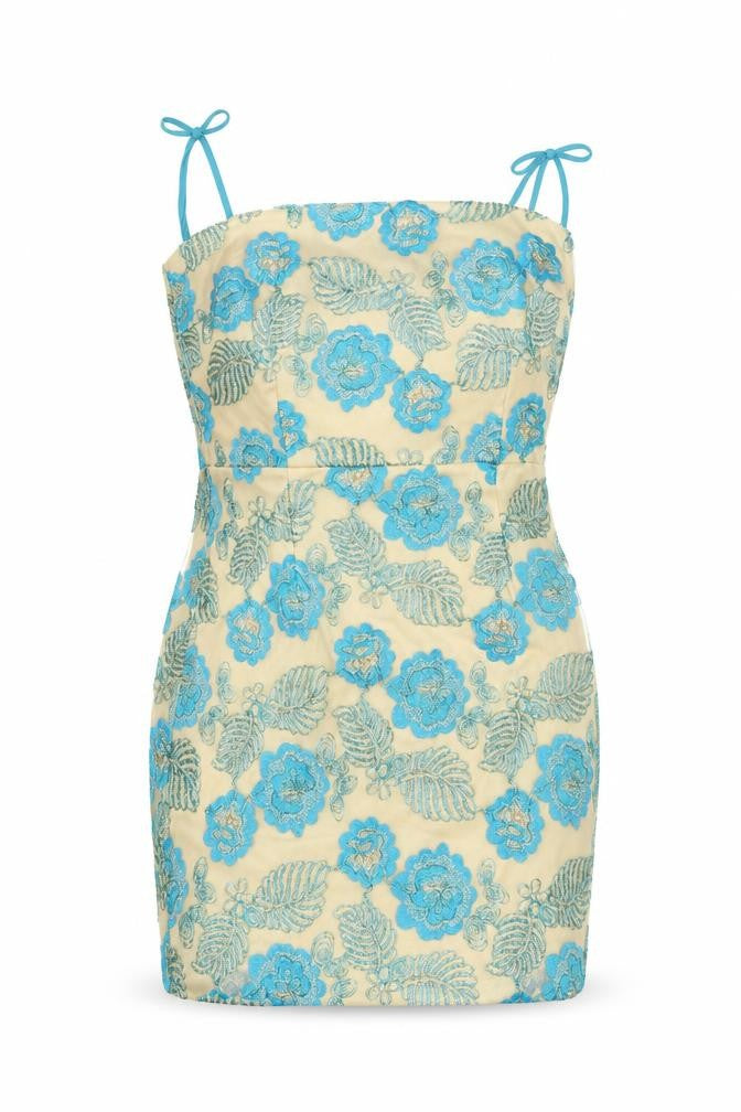 Boohoo Women’s Beige Blue Floral Embroidered Bodycon Dress Size 10