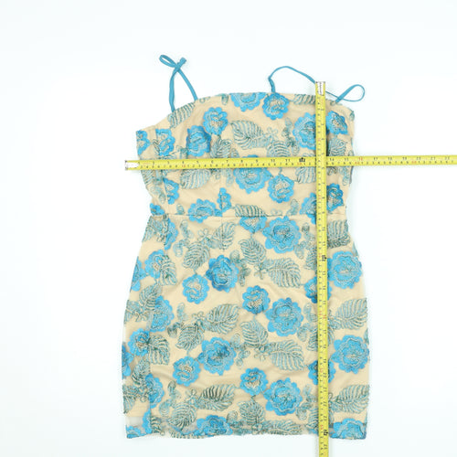 Boohoo Women’s Beige Blue Floral Embroidered Bodycon Dress Size 10