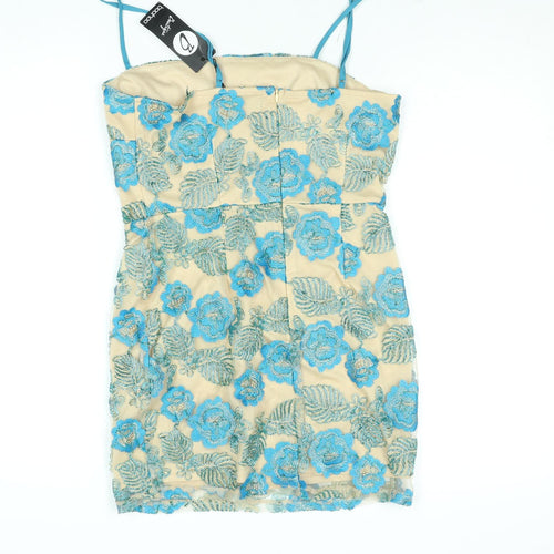 Boohoo Women’s Beige Blue Floral Embroidered Bodycon Dress Size 10