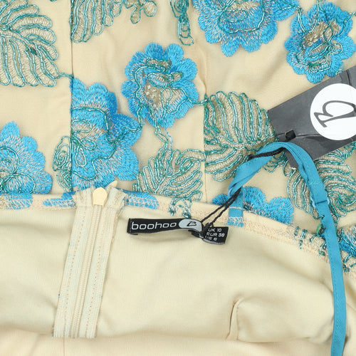 Boohoo Women’s Beige Blue Floral Embroidered Bodycon Dress Size 10