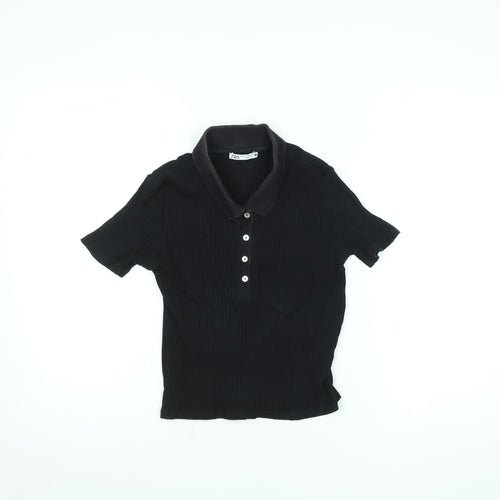 Zara Womens Black Slim Fit Polo Shirt Size S Short Sleeve Collared Top
