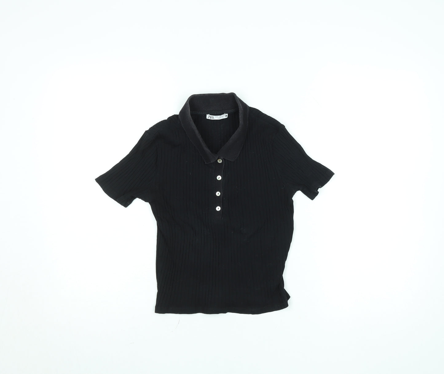 Zara Womens Black Slim Fit Polo Shirt Size S Short Sleeve Collared Top