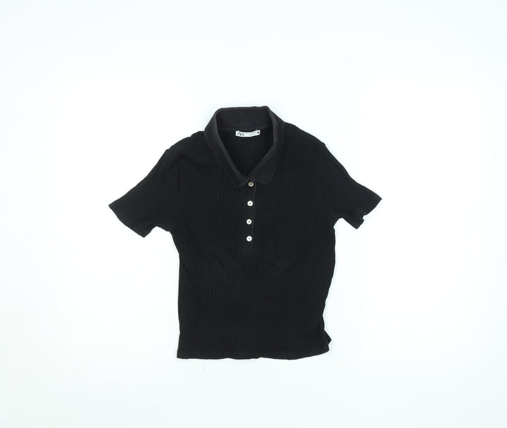 Zara Womens Black Slim Fit Polo Shirt Size S Short Sleeve Collared Top