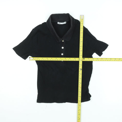 Zara Womens Black Slim Fit Polo Shirt Size S Short Sleeve Collared Top
