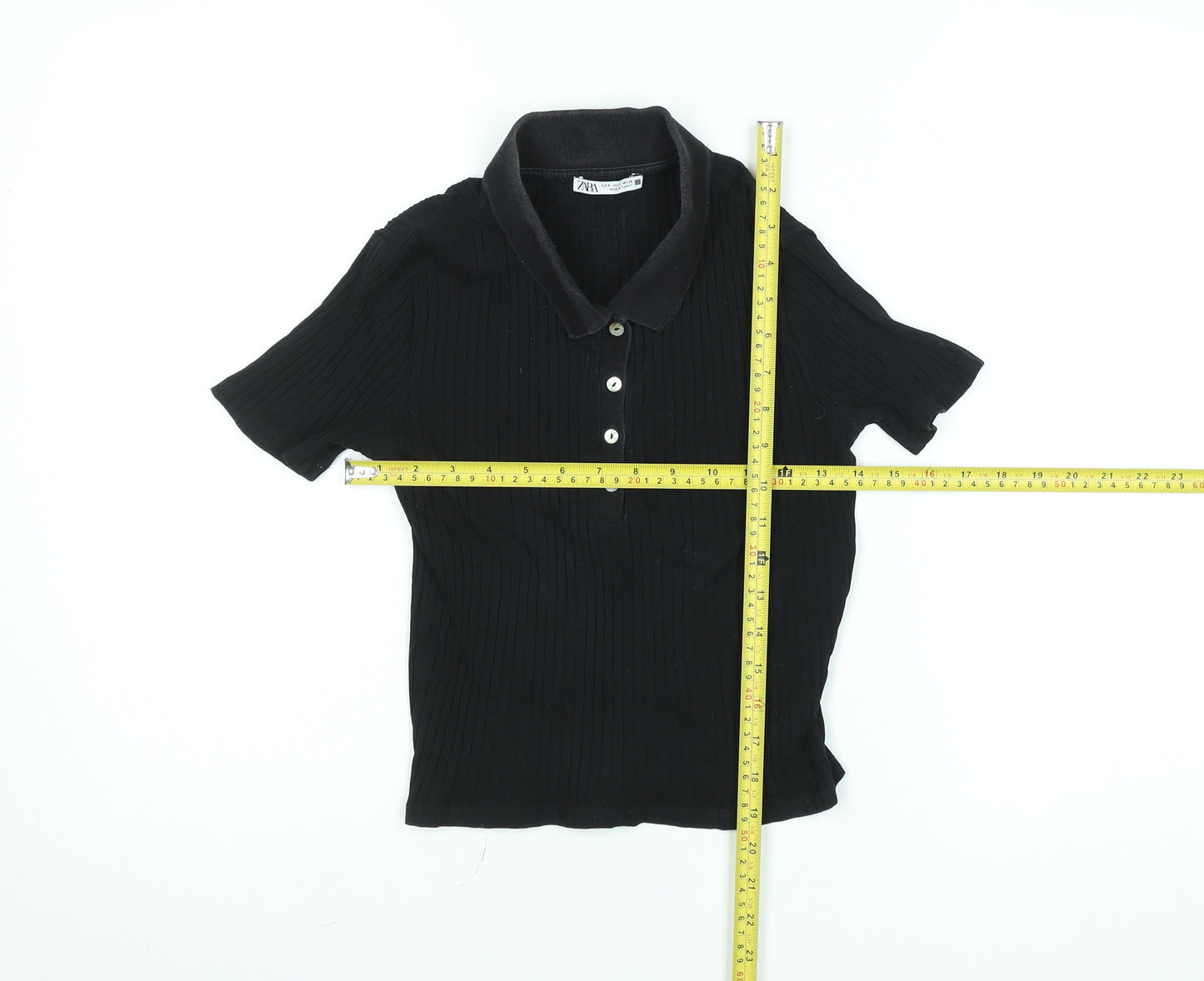 Zara Womens Black Slim Fit Polo Shirt Size S Short Sleeve Collared Top