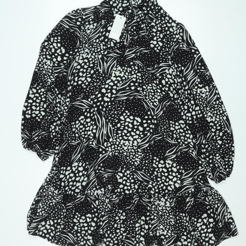 F&F Women’s Black Animal Print High Neck Long Sleeve Knee Dress Size 16