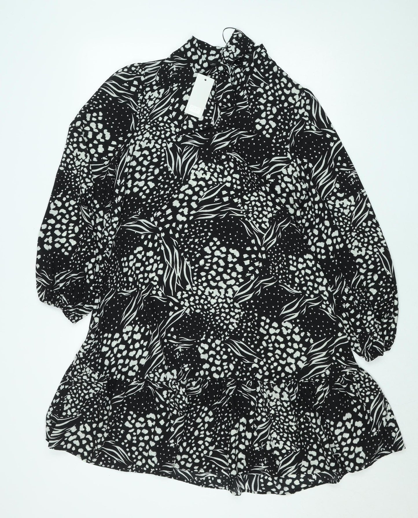 F&F Women’s Black Animal Print High Neck Long Sleeve Knee Dress Size 16